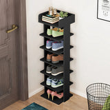 Black 5-tier wooden shoe rack with four open shelves for storing pairs of shoes