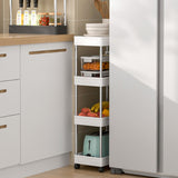 White plastic storage rack trolley with 4 shelves, compact corner storage for kitchen