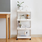 White rolling storage rack with 4 open shelves, organizing items in a narrow corner