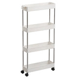 White 4-tier plastic shelf cart with side rails and caster wheels for easy moving