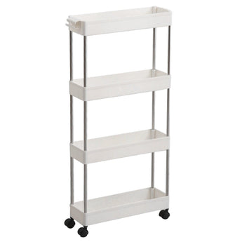 White 4-tier plastic shelf cart with side rails and caster wheels for easy moving