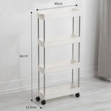 White corner storage rack, 86 cm height, 4 shelves, 12.5 cm depth, on casters