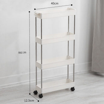 White corner storage rack, 86 cm height, 4 shelves, 12.5 cm depth, on casters