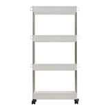 White 4-shelf plastic storage rack with metal frame and caster wheels, empty
