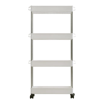 White 4-shelf plastic storage rack with metal frame and caster wheels, empty