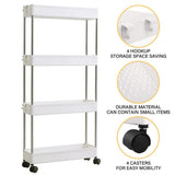 White plastic storage rack with 4 hooks, small-item holders, and four caster wheels