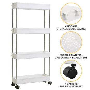 White plastic storage rack with 4 hooks, small-item holders, and four caster wheels