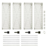 White perforated plastic storage bins set with corner brackets and mounting rods