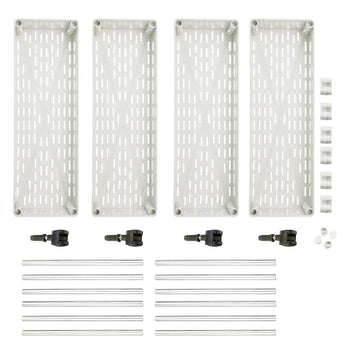 White perforated plastic storage bins set with corner brackets and mounting rods