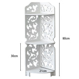 White 3-tier corner storage rack cabinet: 80cm height, 30cm side, 21cm depth