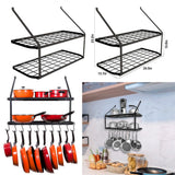 Black wall-mounted 2-tier pan rack with grid shelves and 10 hooks