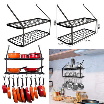 Black wall-mounted 2-tier pan rack with grid shelves and 10 hooks