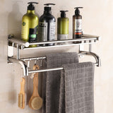 Stainless steel wall-mounted toilet shelf with top bar and towel/brush storage