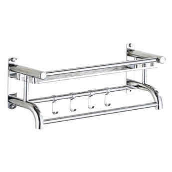 Chrome toilet shelf rack with two hook rails and rounded end bars