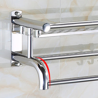 Wall-mounted chrome shelf with curved support and perforated top rail