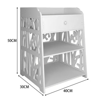 White bedside table with drawer and open 3 shelves, decorative cutout panels; dimensions