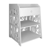 White 3-shelf bedside table with drawer, featuring decorative cutout panels on sides