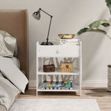 White rustic bedside table with drawer and open 3-tier shelves, styled next to bed