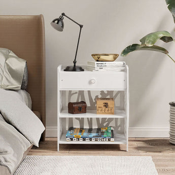 White rustic bedside table with drawer and open 3-tier shelves, styled next to bed