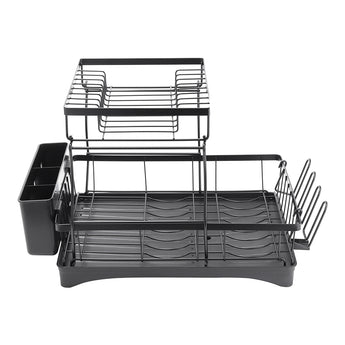 Steel dish rack with side utensil holder and slotted draining rack for plates