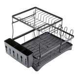 Black steel dish rack base with utensil compartment and elevated plate/drip rack