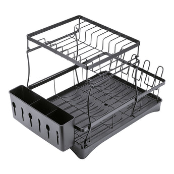 Black steel dish rack base with utensil compartment and elevated plate/drip rack