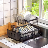 Steel dish rack with glass holder and utensil caddy, two-tier plate drying stand