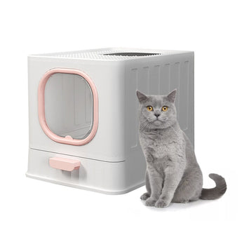 White enclosed folding cat litter box with pink oval entry window and front scoop handle