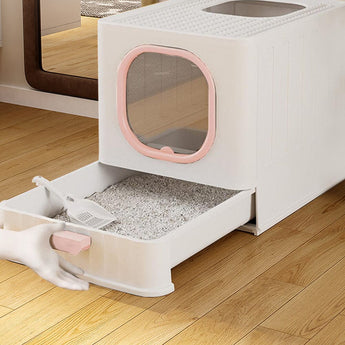 White enclosed folding litter box with pink entry window and open scooping tray