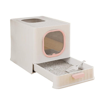 White enclosed folding cat litter box with pink entry window and built-in scooping insert