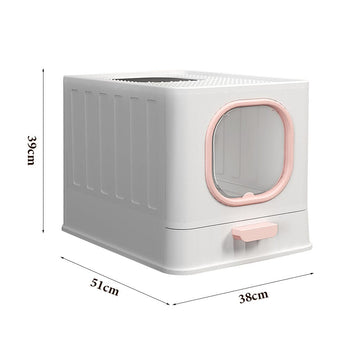 White enclosed folding cat litter box dimensions 38cm x 51cm x 39cm with pink door