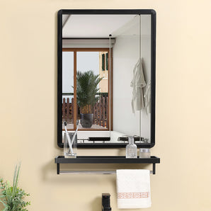 Black bathroom mirror with built-in shelf, rectangular frame and open display bar