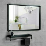 Black anti-fog bathroom mirror with shelf, wide rectangular frame and mounted design