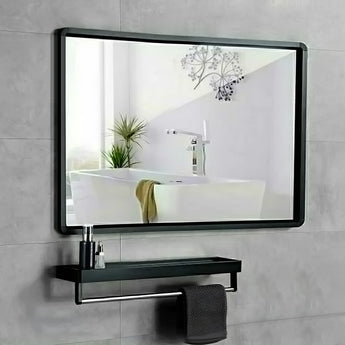 Black anti-fog bathroom mirror with shelf, wide rectangular frame and mounted design
