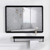 Black bathroom mirror with shelf and thick frame, long ledge beneath the glass