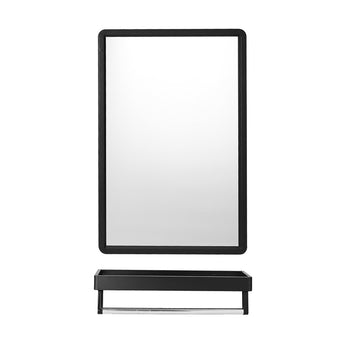 Rectangular black bathroom mirror with matching shelf base, wall-mount style
