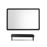 Black bathroom mirror with shelf, simple rectangular frame and open ledge underside