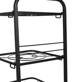 Black multi-tier pan organizer stand with open wire trays and side handles