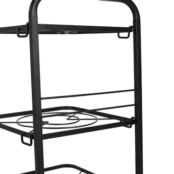 Black multi-tier pan organizer stand with open wire trays and side handles