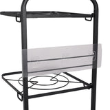 Black cookware holder rack with two wire shelves and front support bar