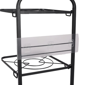 Black cookware holder rack with two wire shelves and front support bar