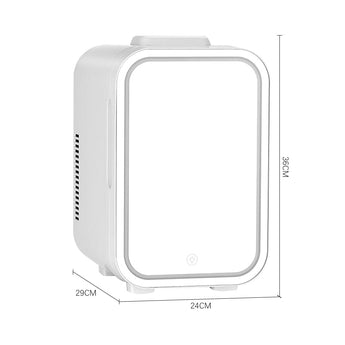 White mini fridge with LED mirror door; size 29x24x38 cm