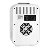 Back panel of white mini makeup fridge with power ports and cooling fan