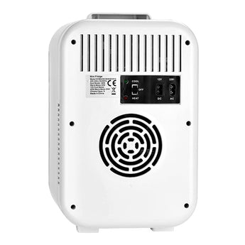 Back panel of white mini makeup fridge with power ports and cooling fan