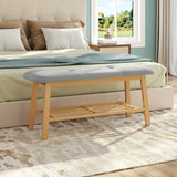 Bamboo shoe storage bench with gray upholstered top and two-tier slatted shelf