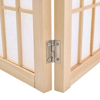 Wood room divider hinge with metal brackets on folding 4-panel screen
