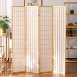 Light wood 4-panel folding room divider with grid lattice panels for privacy.