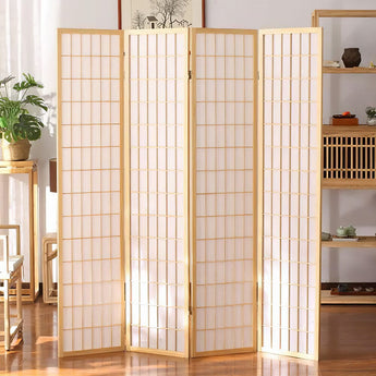 Light wood 4-panel folding room divider with grid lattice panels for privacy.