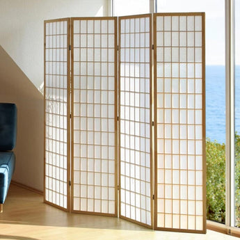 Light wood 4-panel folding room divider with grid lattice screens for room separation.