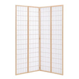 Light wood 4-panel folding room divider screen unfolded in a corner view